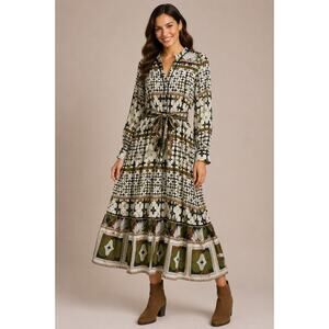 Cleobella Women's Size L Boho Midi Dress Long Sleeve Belted Lined Printed